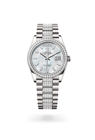 Day-Date 36 * Oyster, 36 mm, white gold and diamonds with a White mother-of-pearl set with diamonds Diamond-set bezel and Diamond-set President bracelet