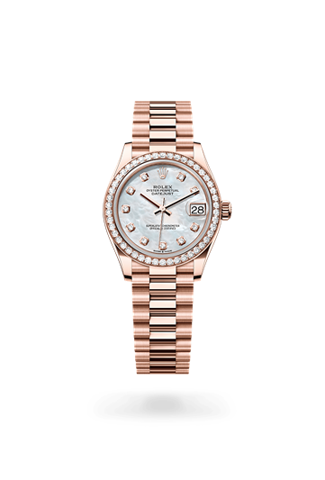 Datejust 31 * Oyster, 31 mm, Everose gold and diamonds with a White mother-of-pearl set with diamonds Diamond-set bezel and President, semi-circular three-piece links bracelet
