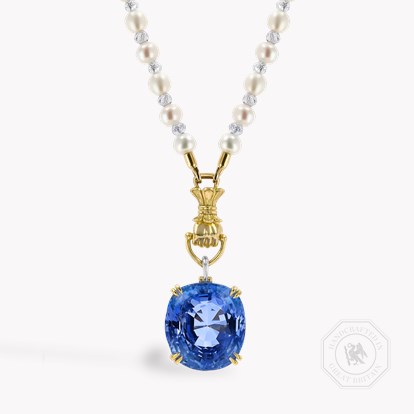 Masterpiece 37.09ct Sri Lankan Sapphire, Keshi Pearl and Diamond Figa Fortune Pendant
