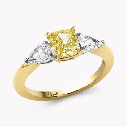 Cushion Cut 1.24ct Kimberley Fancy Intense Yellow Diamond Three Stone Ring in 18ct Yellow and White Gold