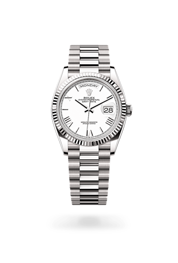 Day-Date 36 * Oyster, 36 mm, white gold with a White Fluted bezel and President, semi-circular three-piece links bracelet
