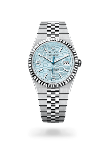 Land-Dweller 40 * Oyster, 40 mm, platinum with a Ice blue, honeycomb motif Fluted bezel and Flat Jubilee, five-piece solid links bracelet