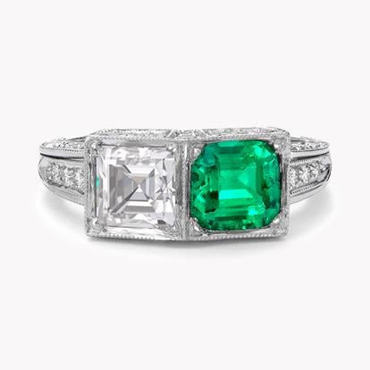 Art Deco 1.01ct Diamond and Emerald Two Stone Ring