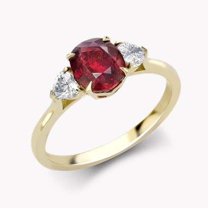 Mozambique 1.76ct Pigeon Blood Red Ruby and Diamond Three Stone Ring in 18ct Yellow Gold