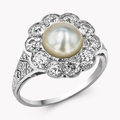 Edwardian Natural Pearl & Diamond Cluster Ring in Platinum