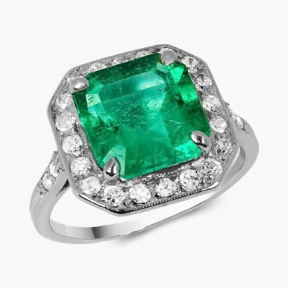 Edwardian Octagonal Cut 3.17ct Emerald and Diamond Ring