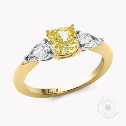 Cushion Cut 1.24ct Kimberley Fancy Intense Yellow Diamond Three Stone Ring in 18ct Yellow and White Gold