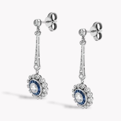 Art Deco Inspired Brilliant Cut Diamond and Sapphire Target Style Drop Earrings