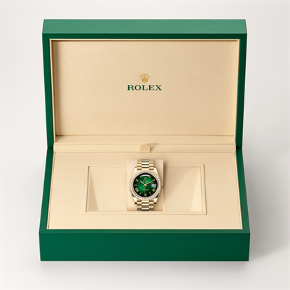 Day-Date 40, Oyster, 40 mm, yellow gold and diamonds watch inside presentation box