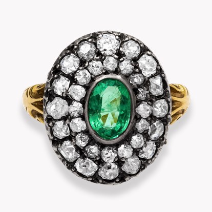 Victorian Oval Cut 0.60ct Emerald and Diamond Cluster Ring