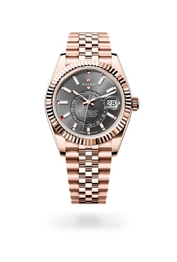 Sky-Dweller * Oyster, 42 mm, Everose gold with a Slate Fluted, bidirectional rotatable Rolex Ring Command bezel and Jubilee, five-piece links bracelet