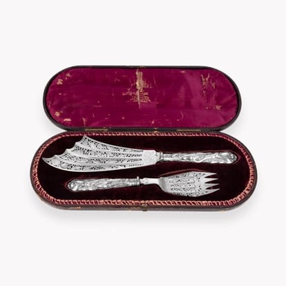 Silver George V Ornate Carved Silver Handled Fish Servers