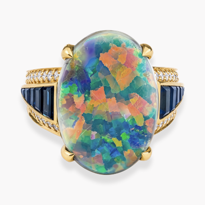 Masterpiece Cabochon Cut 5.32ct Black Opal and Sapphire Ring