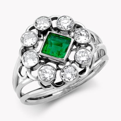 Edwardian Emerald & Diamond Dress Ring 0.52ct in 14ct White Gold