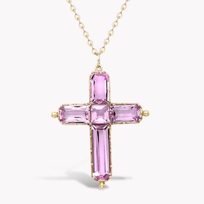 Georgian Pink Topaz Cross Pendant & Chain in Rose and Yellow Gold