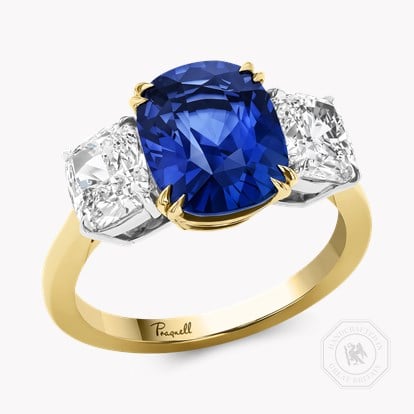 Cushion Cut 4.06ct Sri Lankan Sapphire Three Stone Ring in 18ct Yellow Gold