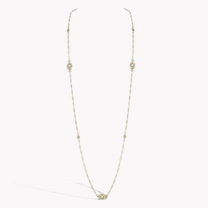 Art Nouveau Cabochon Opal & Diamond Long Chain Necklace in 18ct Yellow Gold