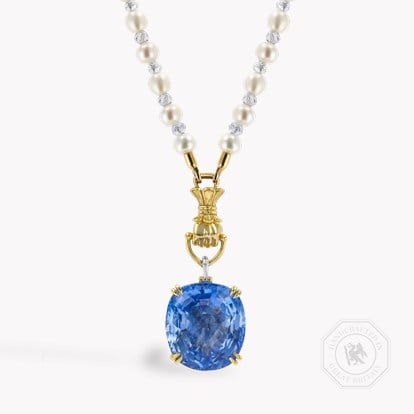 Masterpiece 37.09ct Sri Lankan Sapphire, Akoya Pearl and Diamond Figa Fortuna Pendant