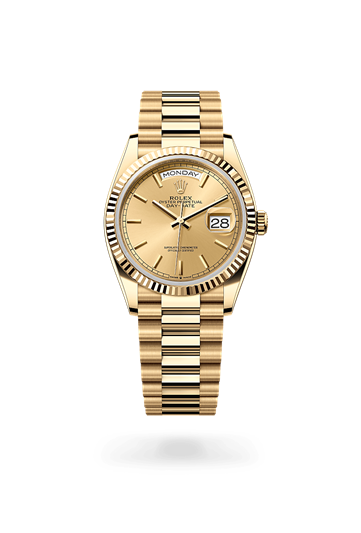 Day-Date 36 * Oyster, 36 mm, yellow gold with a Champagne-colour Fluted bezel and President, semi-circular three-piece links bracelet