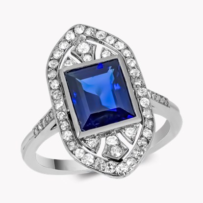 Art Deco Emerald Cut Sapphire and Diamond Ring