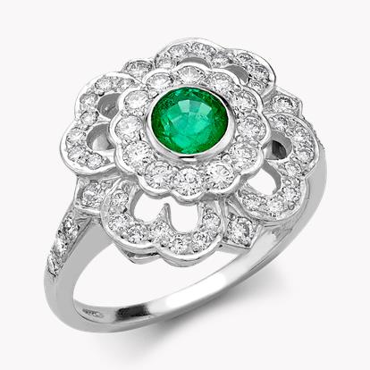 Belle Epoque Inspired Emerald & Diamond Openwork ScallopedFlower Ring in 18ct White Gold