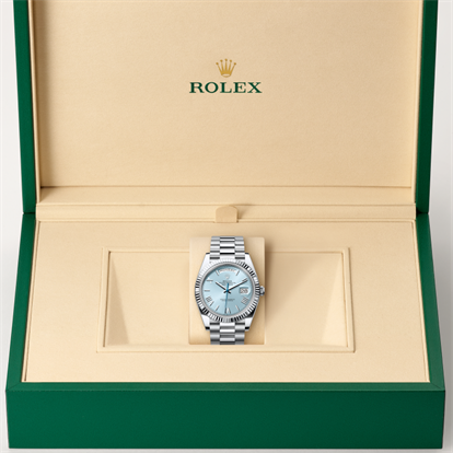 Day-Date 40, Oyster, 40 mm, platinum watch inside presentation box