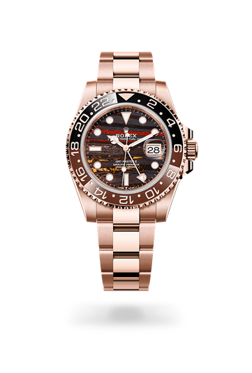 GMT-Master II * Oyster, 40 mm, Everose gold with a Tiger iron Bidirectional rotatable 24-hour graduated bezel. Two-colour brown and black Cerachrom insert in ceramic, moulded numerals and graduations bezel and Oyster, three-piece solid links bracelet