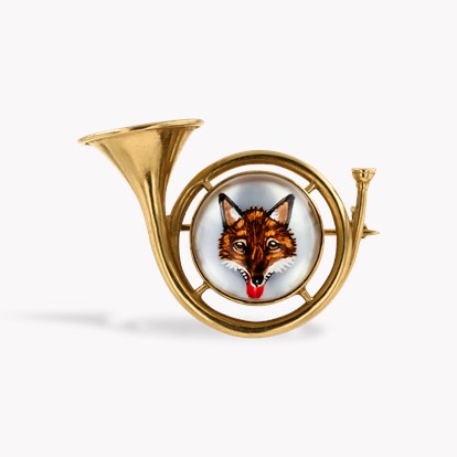 Art Deco Fox Head Hunting Horn Brooch in 18ct Yellow Gold