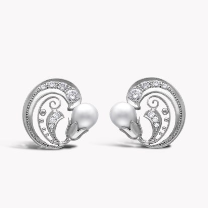 Retro Natural Pearl & Diamond Pierced Scroll Ear clips in 18ct White Gold
