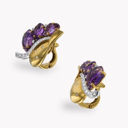 Retro Cartier Amethyst and Diamond Leaf Earrings