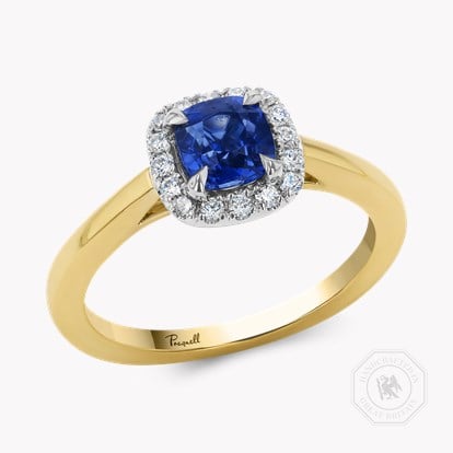 Cushion Cut 1.00ct Sapphire and Diamond Cluster Ring in 18ct Yellow Gold