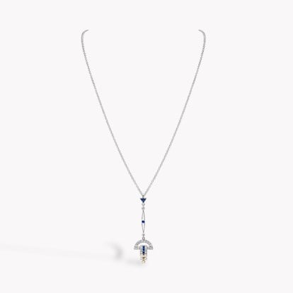 Trillion Cut Sapphire, Diamond and Pearl Pendant