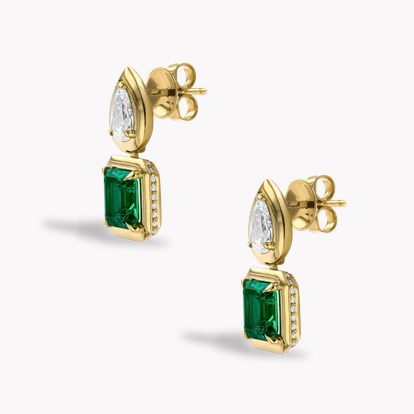 Skimming Stone Octagonal Cut Colombian Emerald and Diamond Earrings