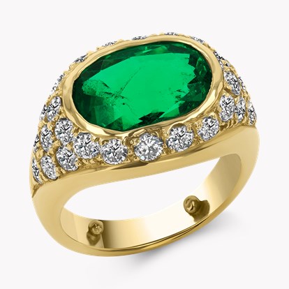 Retro Oval Cut 3.40ct Colombia Emerald and Diamond Ring In 18ct Yellow Gold