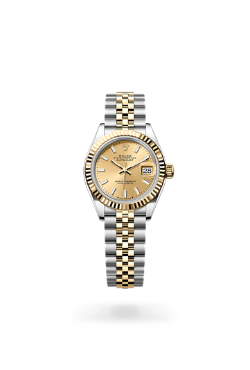 Lady-Datejust * Oyster, 28 mm, Oystersteel and yellow gold with a Champagne-colour set with diamonds Fluted bezel and Oyster, three-piece solid links bracelet