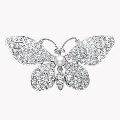 Edwardian Diamond and Pearl Butterfly Brooch in White Gold