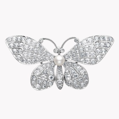 Edwardian Diamond and Pearl Butterfly Brooch in Platinum