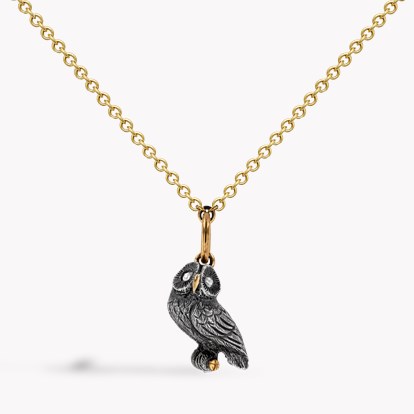 Victorian Rose Cut Diamond Perched Owl Pendant in Silver & 9ct Yellow Gold