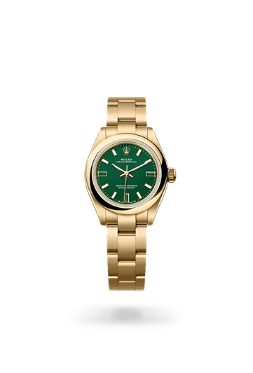 Oyster Perpetual 28 * Oyster, 28 mm, yellow gold with a Green stone Domed bezel and Oyster, three-piece solid links bracelet