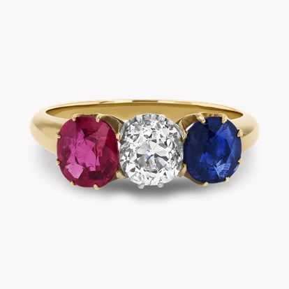 Belle Époque Cushion Cut Diamond, Ruby and Sapphire Ring