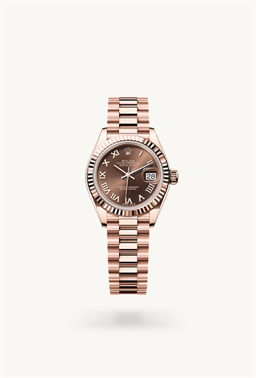Lady-Datejust * Oyster, 28 mm, Everose gold with a Chocolate Fluted bezel and President, semi-circular three-piece links bracelet