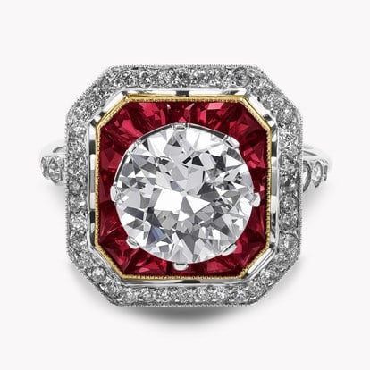 Belle Epoque 2.40ct Diamond and Ruby Octagonal Halo Ring