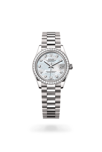 Datejust 31 * Oyster, 31 mm, white gold and diamonds with a White mother-of-pearl set with diamonds Diamond-set bezel and President, semi-circular three-piece links bracelet