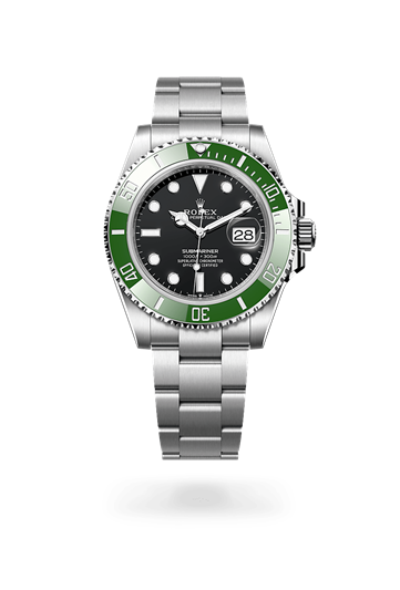 Submariner Date * Oyster, 41 mm, Oystersteel with a Black Unidirectional rotatable 60-minute graduated, scratch-resistant Cerachrom insert in green ceramic, numerals and graduations coated in platinum bezel and Oyster, three-piece solid links bracelet