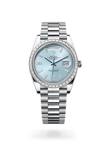 Day-Date 40 * Oyster, 40 mm, platinum and diamonds with a Olive green Diamond-set bezel and President, semi-circular three-piece links bracelet