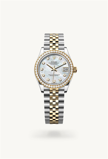 Datejust 31 * Oyster, 31 mm, Oystersteel, yellow gold and diamonds with a White mother-of-pearl set with diamonds Set with diamonds bezel and Jubilee, five-piece links bracelet