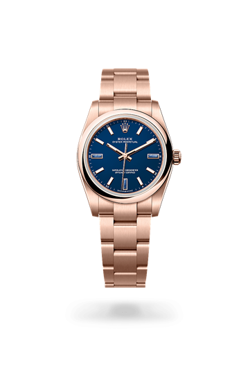 Oyster Perpetual 34 * Oyster, 34 mm, Everose gold with a Blue stone Domed bezel and Oyster, three-piece solid links bracelet