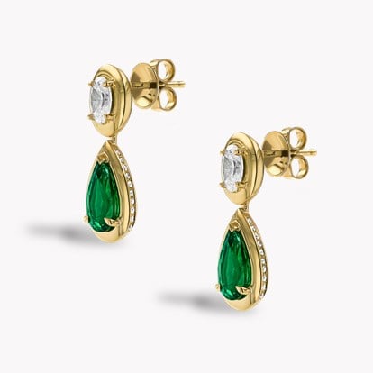 Skimming Stone Pear Shaped 2.62ct Emerald and Diamond Drop Earrings