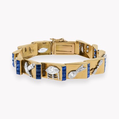 Art Deco Calibre Cut Sapphire and Diamond Charm Bracelet