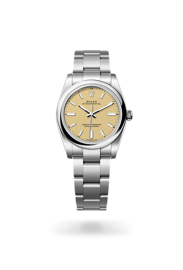 Oyster Perpetual 34 * Oyster, 34 mm, Oystersteel with a Beige Domed bezel and Oyster, three-piece solid links bracelet
